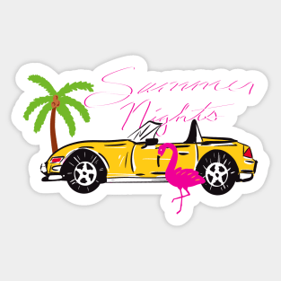 80s Miami Millennial Kitsch Y2K Maximalist Aesthetic Yellow Flamingo Exotic Car Pattern On Yellow Background Sticker